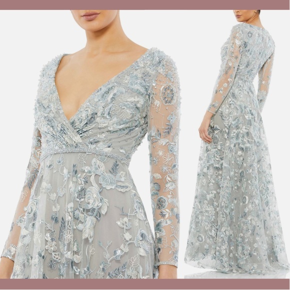 NWT$798 Mac Duggal [ 4 ] Embellished V-Neck Long Sleeve A‎ Line Gown Silver Blue - Picture 1 of 15